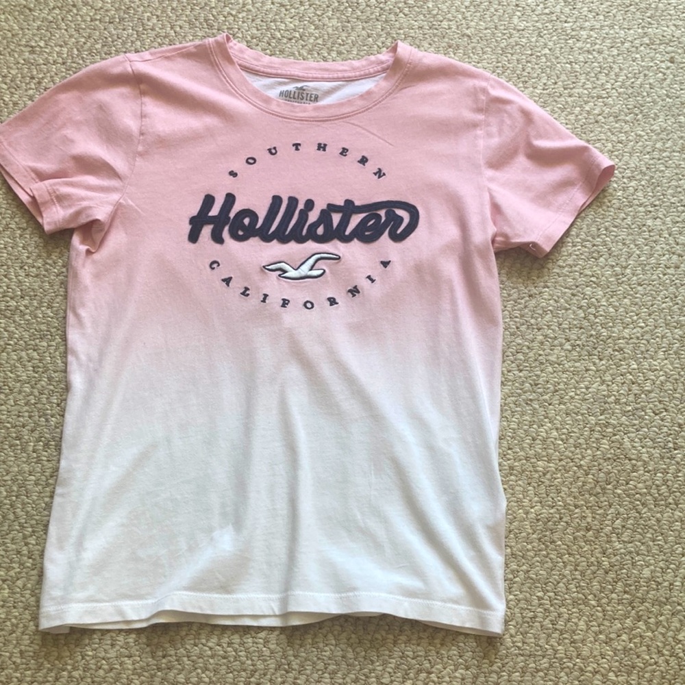 Hollister pink faded to white shirt with navy blue lettering